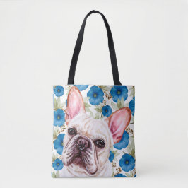Cute White Fransk Bulldog på Blue Flower Mönster Tygkasse