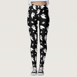 Cute White Ghost Shapes Mönster Black Halloween Leggings