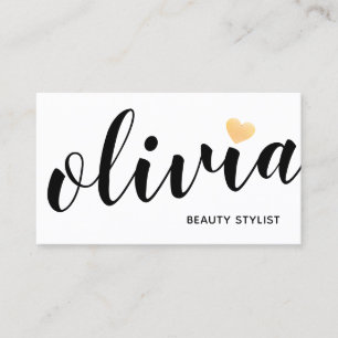 Cute White Guld Heart Calligraphy Beauty Stylist Visitkort