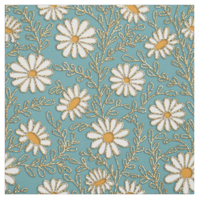 Cute White Gult Guld Daisys Flowers Teal Blue Tyg (Provkarta)