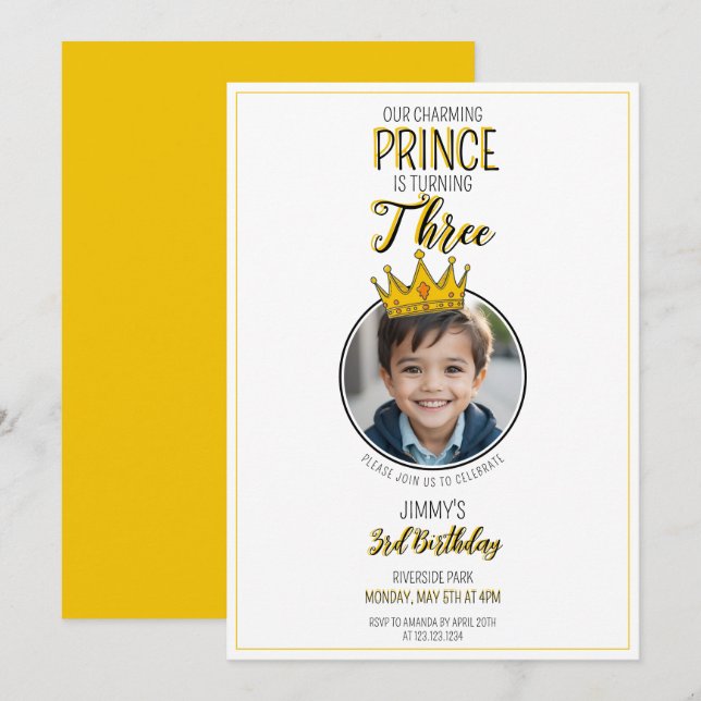 Cute White & Gult Krona Photo Barn Birday Inbjudningar (Fram/baksida)