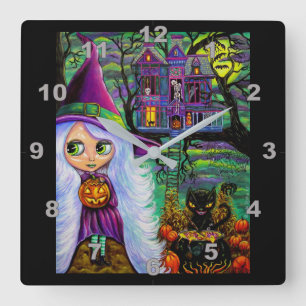 Cute White Hair Witch Hemlig Black Cat från Träd H Fyrkantig Klocka