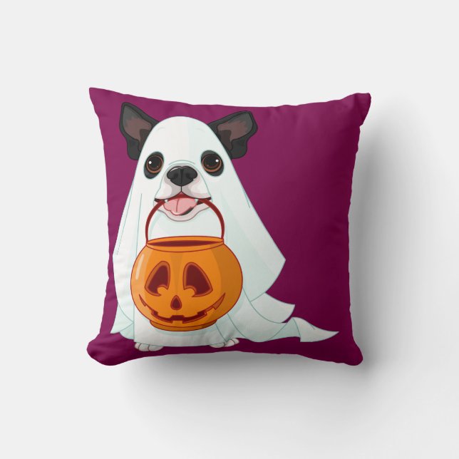 Cute White Halloween Ghost Dog Pumpkin Pail Art Kudde (Framsida)