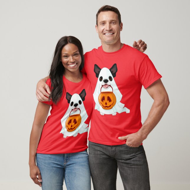 Cute White Halloween Ghost Dog With Pumpkin Pail T Shirt (Unisex)