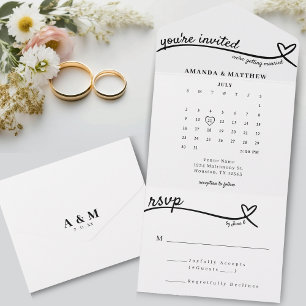 Cute White Heart Line Monogram Calendar Bröllop