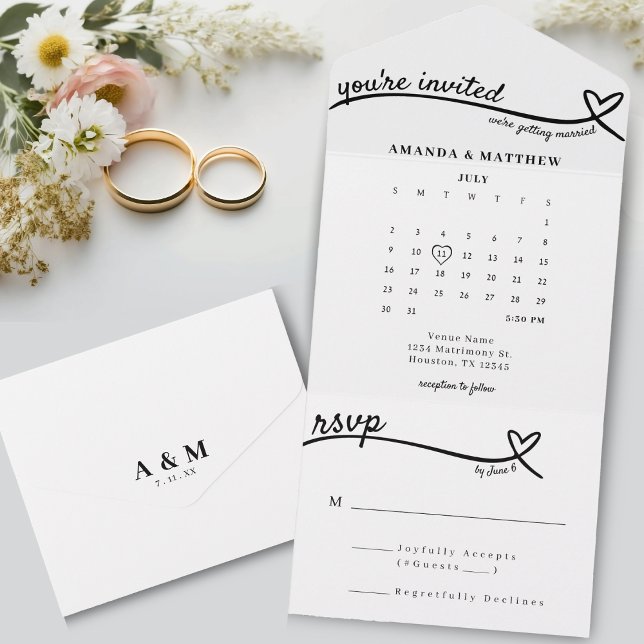 Cute White Heart Line Monogram Calendar Bröllop (Cute White Heart Line Monogram Calendar Wedding All In One Invitation
)