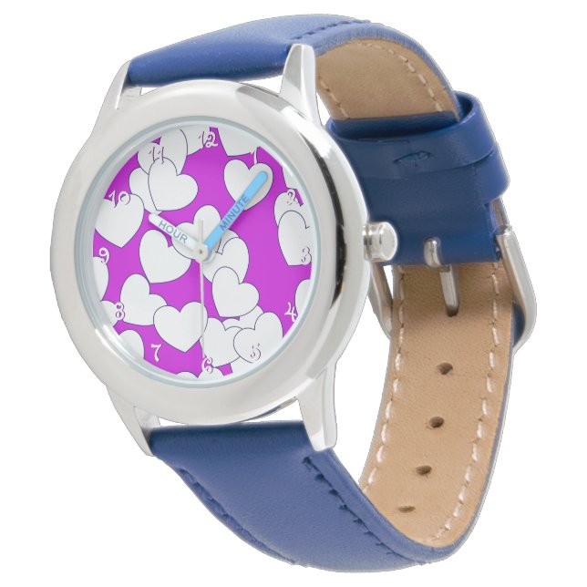 Cute White Hearts on Lila Dial Children's Wrist Armbandsur (Vinklad)