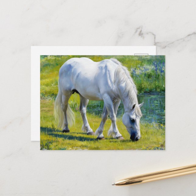 Cute White Horse, Claude Monet Stil Vykort (Fram/Back In Situ)