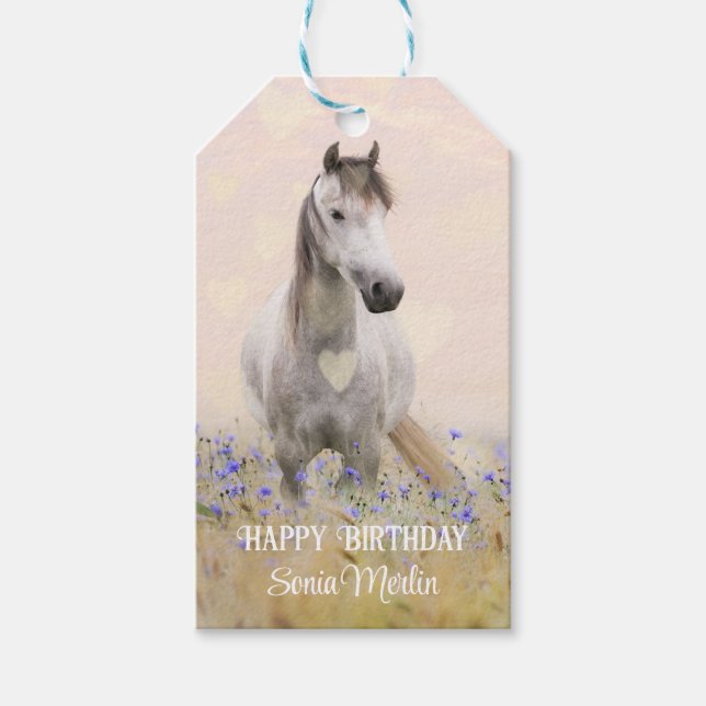 Cute White Horse Lila Flower Feminine Chic Presentetikett (Framsidan)
