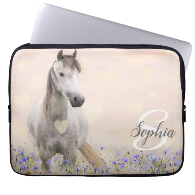 Cute White Horse Lila Flower Monogram Laptop Fodral (Framsidan)