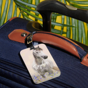 Cute White Horse Lila Flower Personlig Bagagebricka