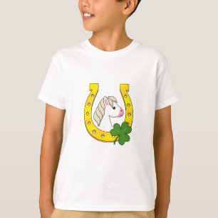 Cute White Horse w Golden Horse Shoe, Shamrocks T Shirt