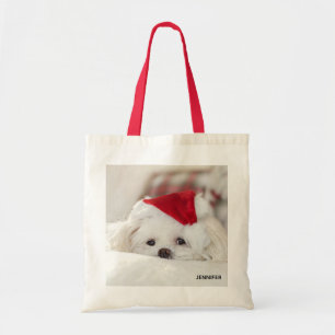 Cute White Hund i en röd julhatt Tygkasse