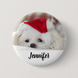 Cute White-Hund i en röd julklapp Knapp