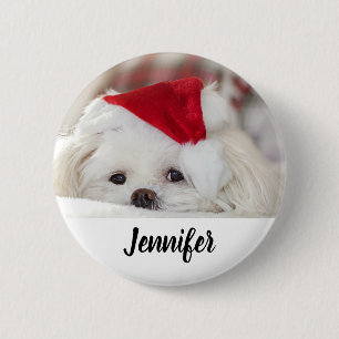 Cute White-Hund i en röd julklapp Knapp