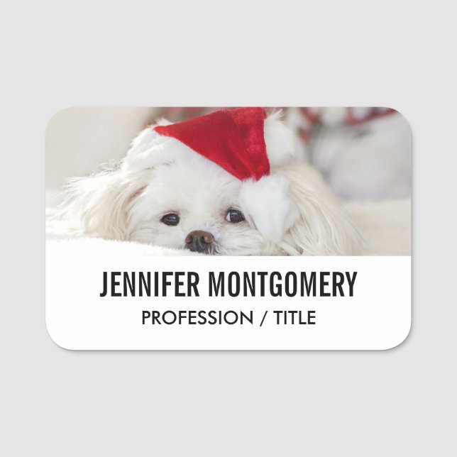 Cute White-Hund i en röd julklapp Namnbricka (Framsida)