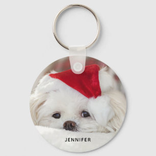 Cute White-Hund i en röd julklapp Nyckelring