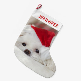 Cute White-Hund i en röd julklapp Stor Julstrumpa