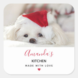 Cute White-Hund i ett rött julkök Fyrkantigt Klistermärke
