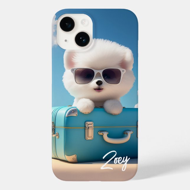 Cute White Hund Travel Suitcase Personlig Namn (Baksida)