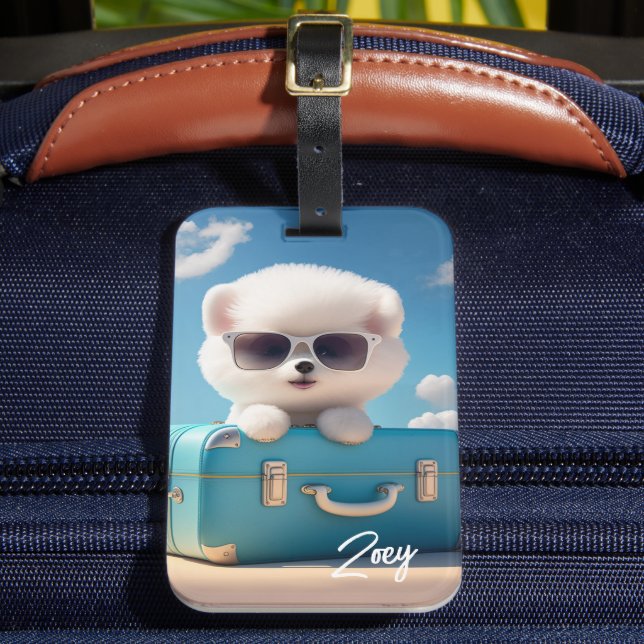 Cute White Hund Travel Suitcase Personlig Namn Bagagebricka (Framsida Insitu 2)