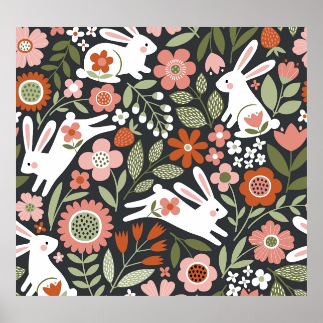 Cute white kanins, blommigt vintage mönster. poster (Framsidan)