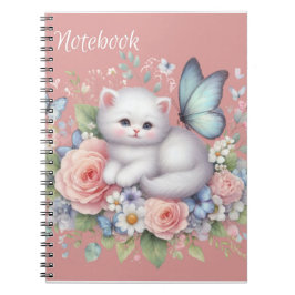 Cute White Kattunge, Butterflies and Flowers Noteb Anteckningsbok
