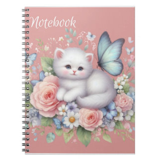 Cute White Kattunge, Butterflies and Flowers Noteb Anteckningsbok