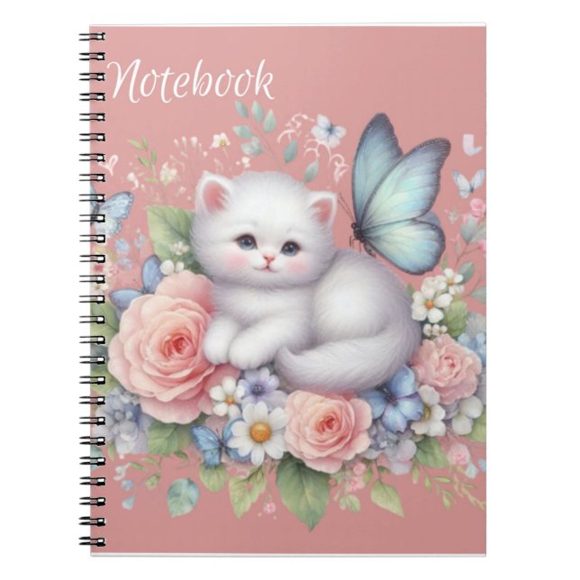 Cute White Kattunge, Butterflies and Flowers Noteb Anteckningsbok (Framsidan)
