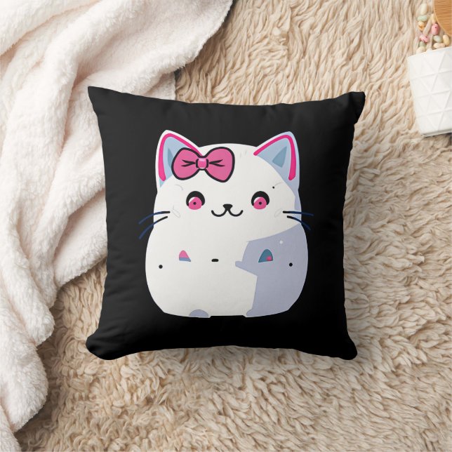 Cute White Kattunge med Rosa Bowtie Kudde (Filt)