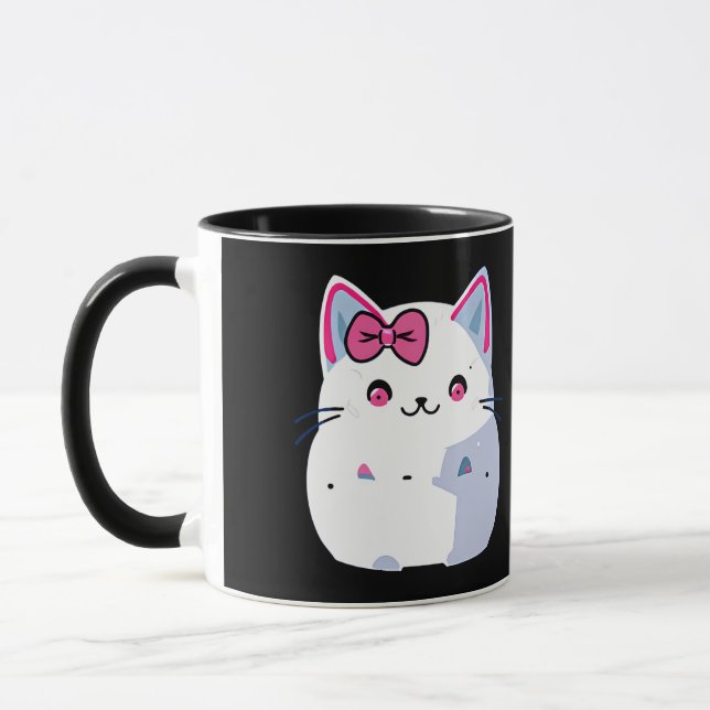 Cute White Kattunge med Rosa Bowtie Mugg (Vänster)