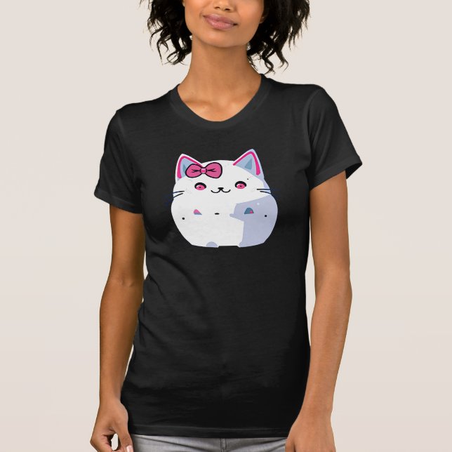 Cute White Kattunge med Rosa Bowtie T Shirt (Framsida)