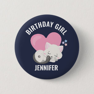 Cute White Kattunge med Rosa Heart Birthday Girl Knapp