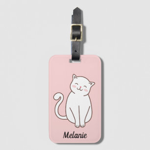 Cute White Kawaii Smiling Cat Rosa Personlig Bagagebricka