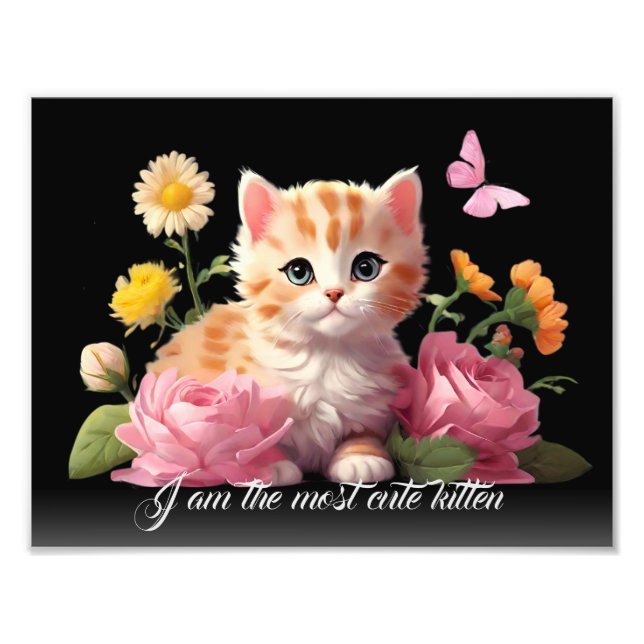Cute White Kitten Cat in Flower Black Personlig Fototryck (Framsidan)