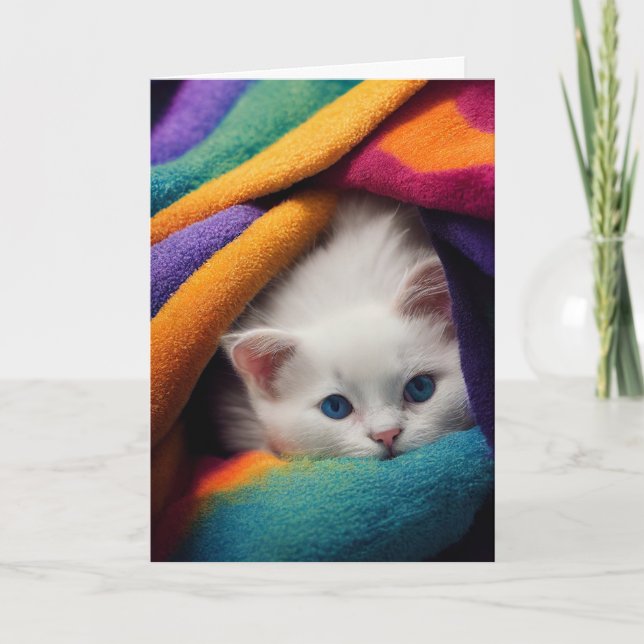 CUTE WHITE KITTEN CAT KITTEN TÄNKER PÅ DIG-KORT KORT (Framsida)