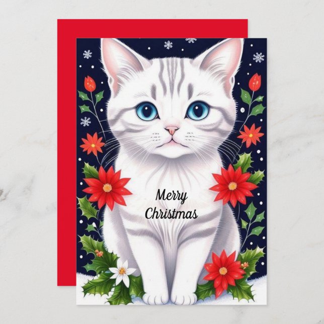 Cute White Kitten Flat Helgdag Card Julkort (Fram/baksida)
