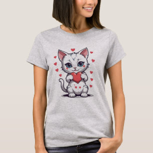 Cute White Kitten Holding Red Heart T-Shirt