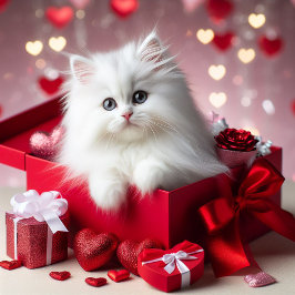 Cute White Kitten i Box Funny Valentine Julkort
