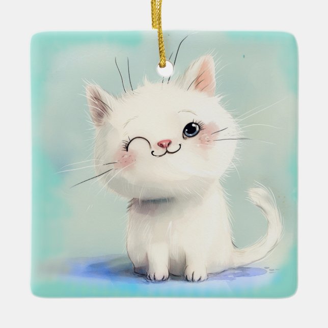 Cute White Kitten Julgransprydnad Keramik (Framsida)
