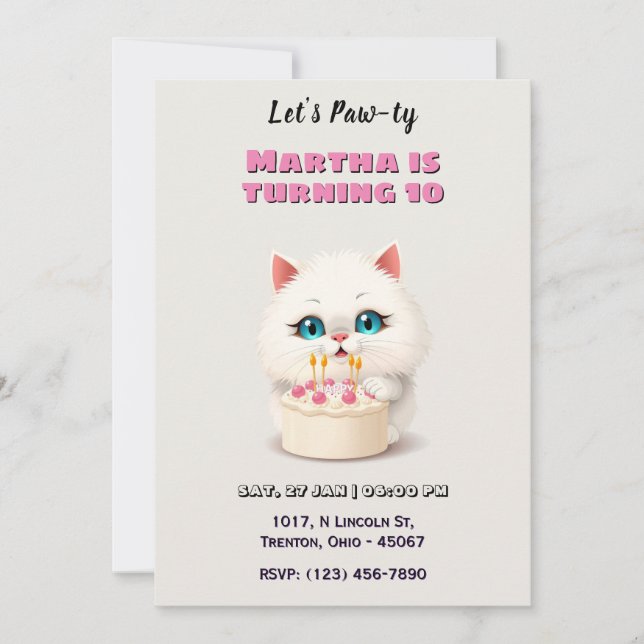 Cute White Kitten med Birthday Cake Personlig Inbjudningar (Framsida)