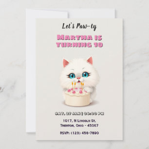 Cute White Kitten med Birthday Cake Personlig Inbjudningar