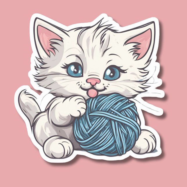Cute White Kitten med garnskydd Klistermärken (Skapare uppladdad)