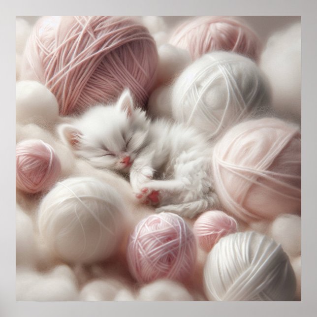 Cute White Kitten Napping in Yarn Poster (Framsidan)