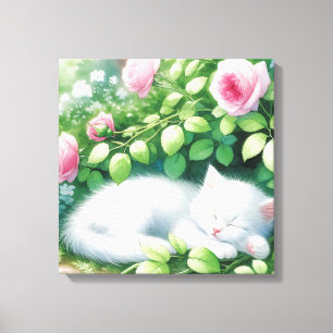 Cute White Kitten Napping under Rosebush Canvastryck