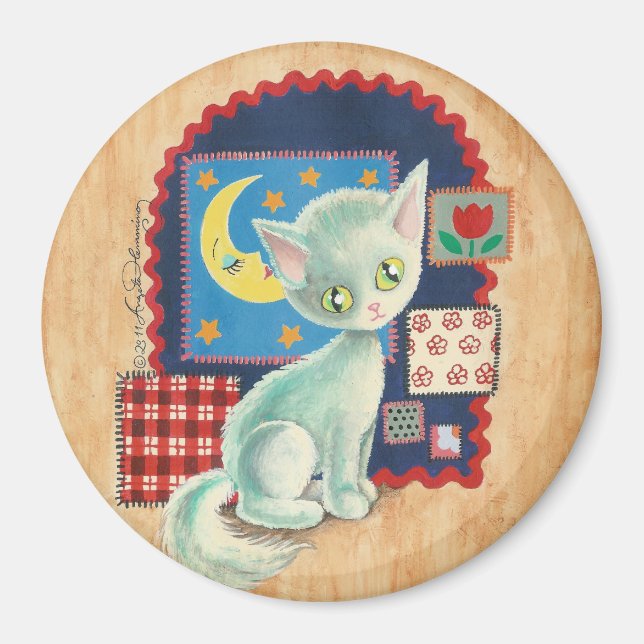 Cute White Kitten och Quilt Patchwork Art Magnet (Framsidan)