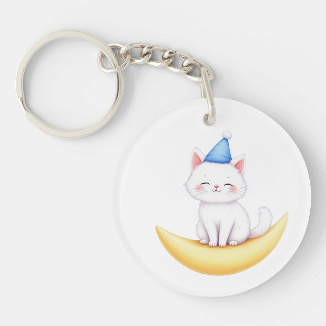 Cute White Kitten on Moon Acrylic Keychain (Framsidan)