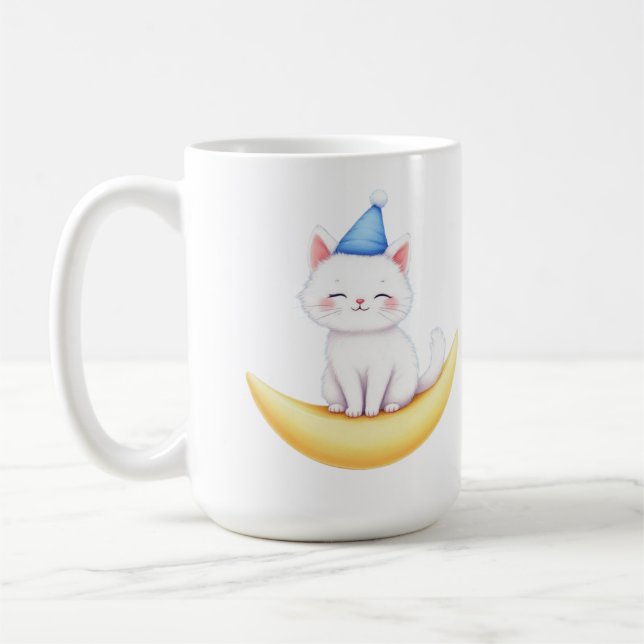 Cute White Kitten on Moon Mug Kaffemugg (Vänster)