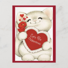 Cute White Kitten & Red Bird Vintage Valentine Vykort