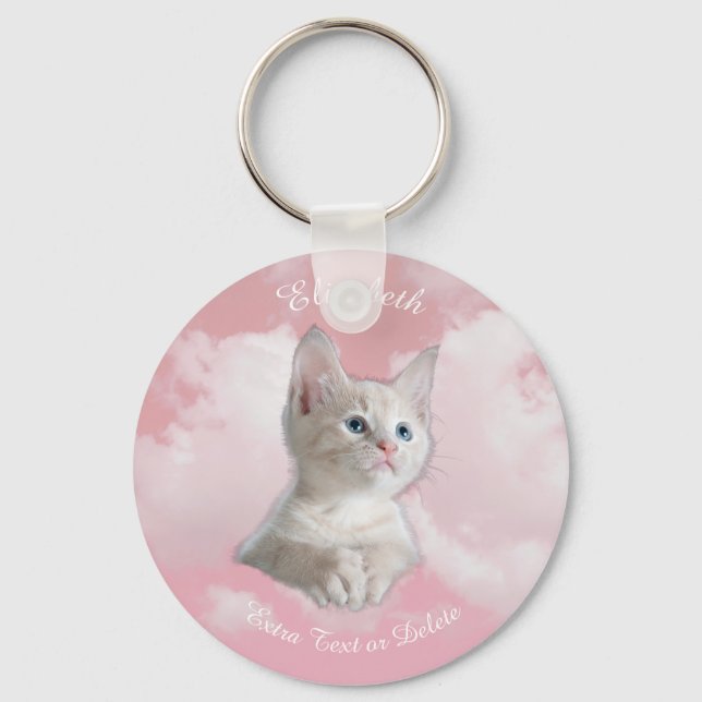 Cute White Kitten Rosa Himlar Clouds Namn, Extra T Nyckelring (Framsida)